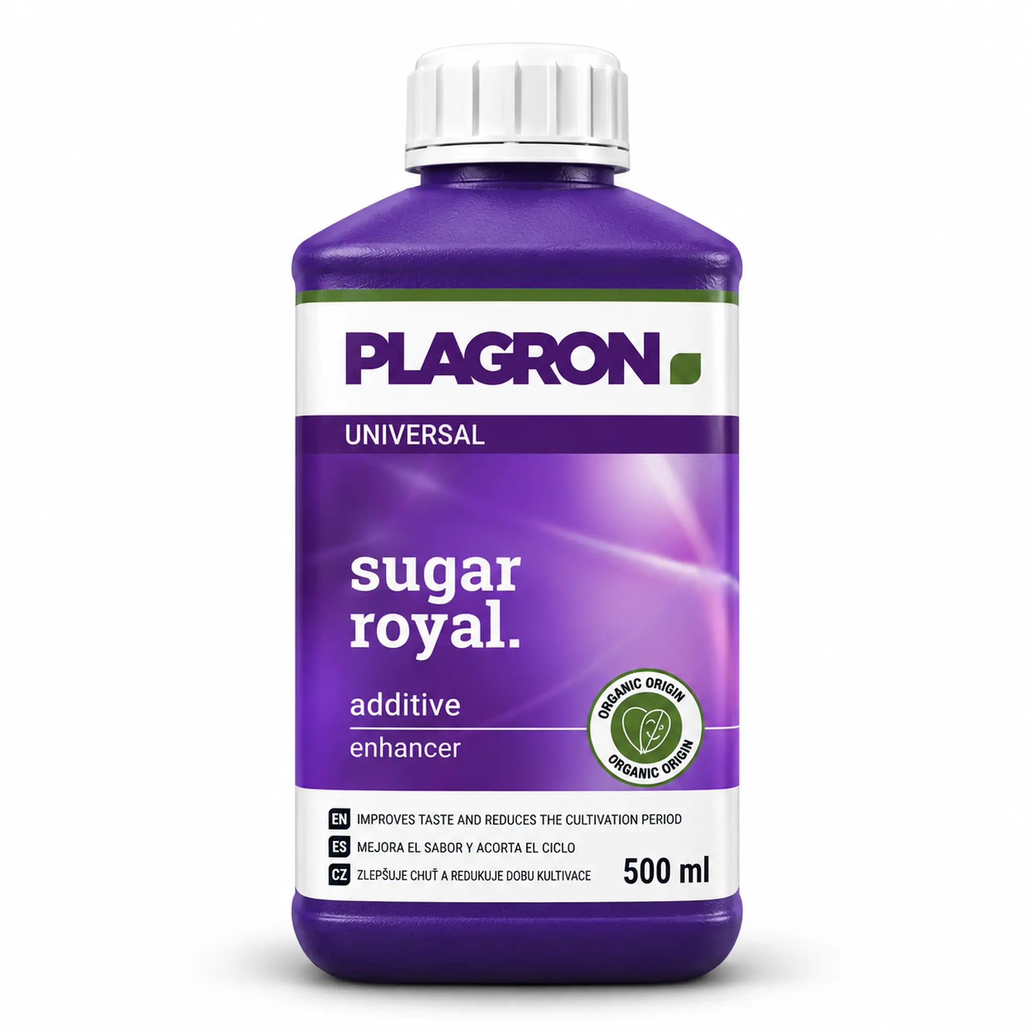 A 500 ml bottle of Plagron Universal Sugar Royal additive enhancer, featuring a purple and white label with a white cap, on a clean white background.
